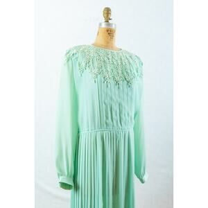 Vintage 80s Minty Green Sheer Pleated Midi Dress, Floral Lace Collar, Indie, Lg